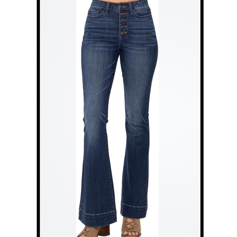 Judy Blue Trouser Flare Jeans size 15/32 high rise boho layered minimalist